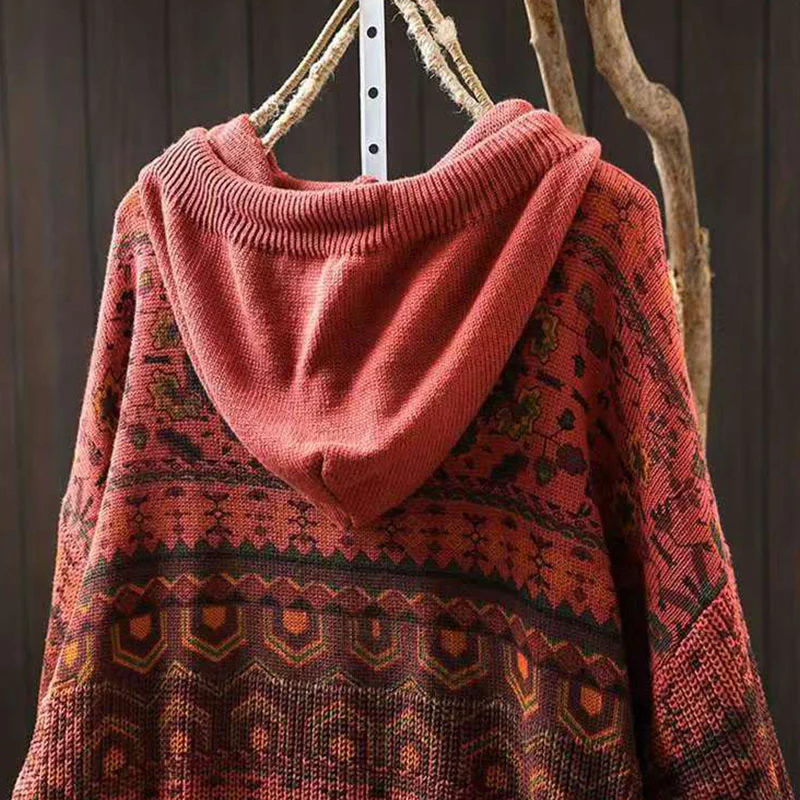 Felpa con cappuccio da donna in cotone a maniche lunghe con motivo a fiori geometrici a righe Buddha Stones - Image 6