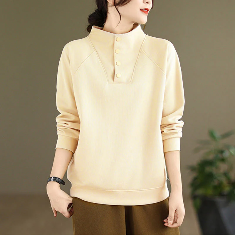 Felpa da donna in cotone a maniche lunghe con colletto rialzato e bottoni, modello Buddha Stones Fall Solid - Image 12