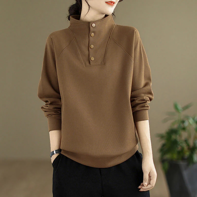 Felpa da donna in cotone a maniche lunghe con colletto rialzato e bottoni, modello Buddha Stones Fall Solid - Image 28