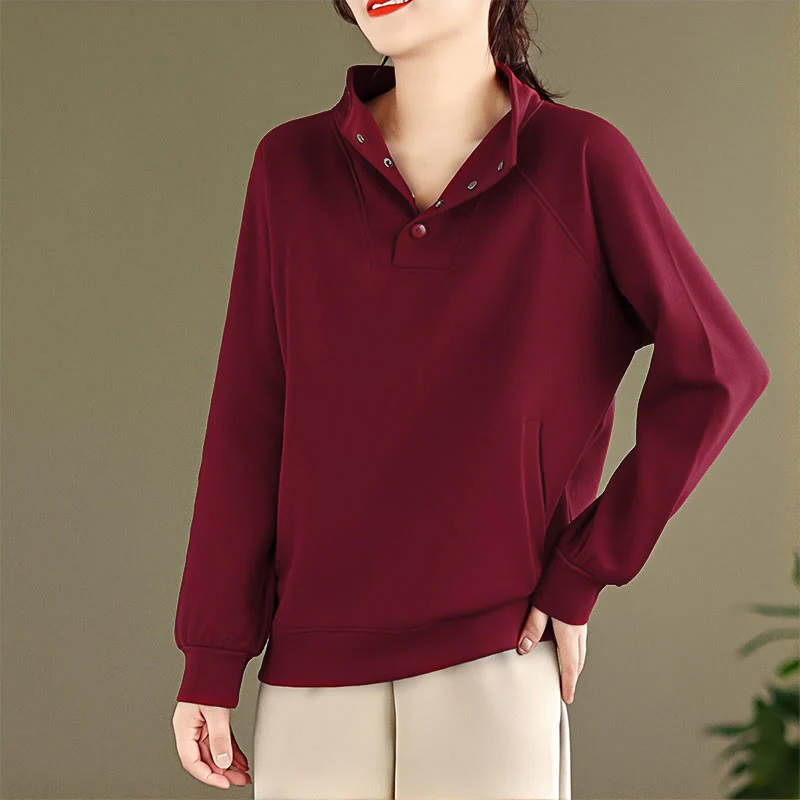 Felpa da donna in cotone a maniche lunghe con colletto rialzato e bottoni, modello Buddha Stones Fall Solid - Image 35