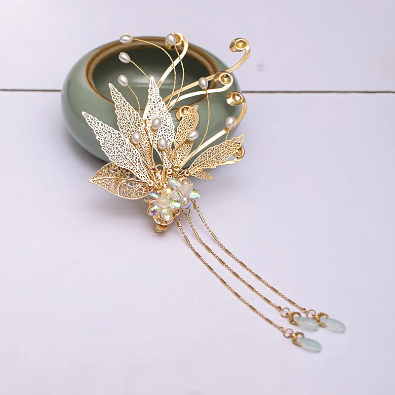 Fermaglio per capelli con nappa a forma di fiore in foglia d'oro cinese tradizionale Buddha Stones - Image 5