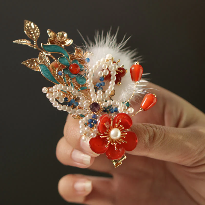 Fermaglio per capelli con perle a forma Buddha Stones farfalla, fiore rosso, stile cinese classico - Image 10