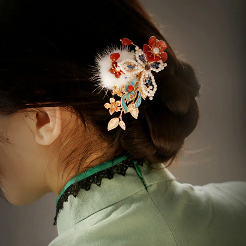 Fermaglio per capelli con perle a forma Buddha Stones farfalla, fiore rosso, stile cinese classico - Image 3