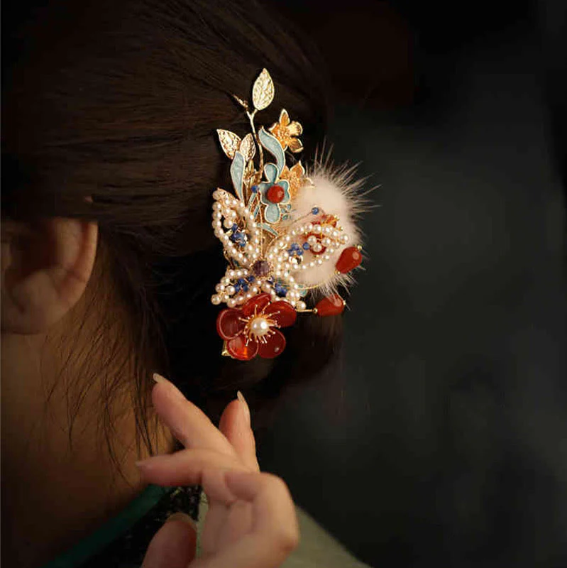 Fermaglio per capelli con perle a forma Buddha Stones farfalla, fiore rosso, stile cinese classico - Image 4