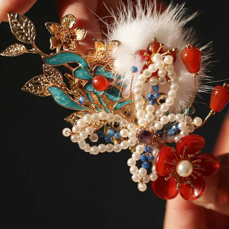 Fermaglio per capelli con perle a forma Buddha Stones farfalla, fiore rosso, stile cinese classico - Image 5