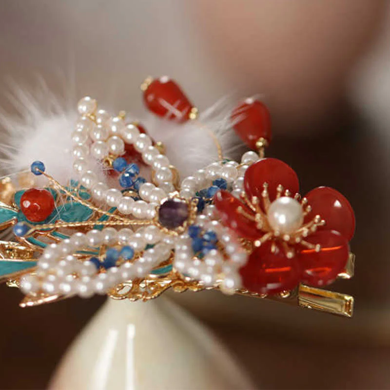 Fermaglio per capelli con perle a forma Buddha Stones farfalla, fiore rosso, stile cinese classico - Image 6