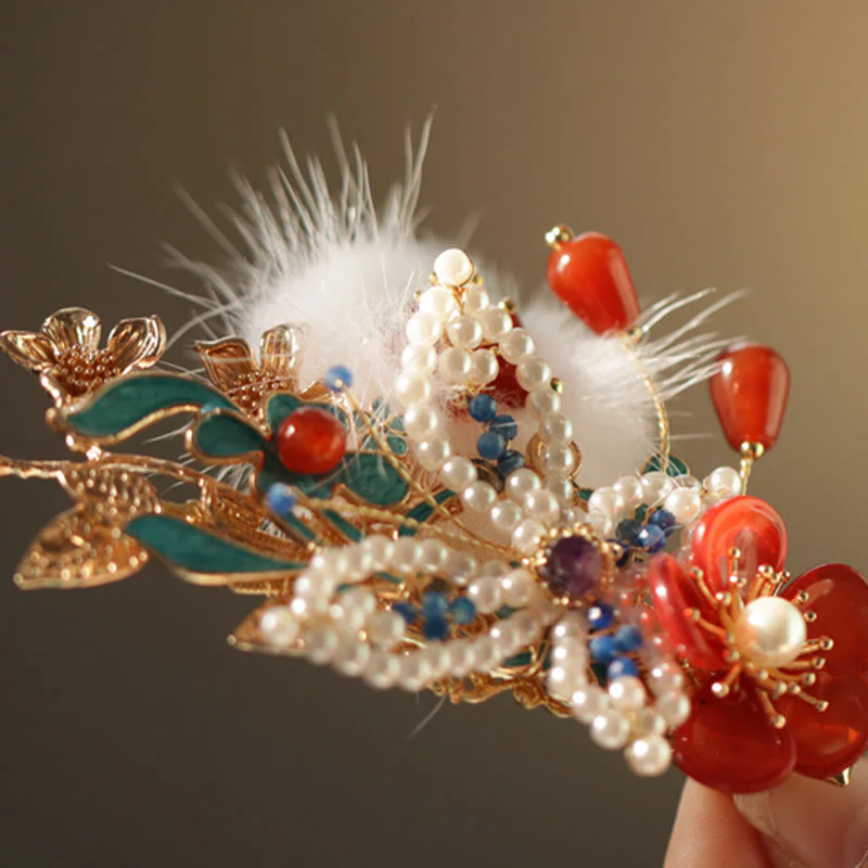 Fermaglio per capelli con perle a forma Buddha Stones farfalla, fiore rosso, stile cinese classico - Image 8