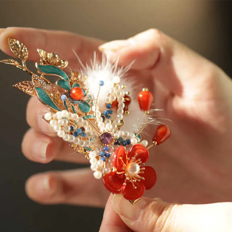 Fermaglio per capelli con perle a forma Buddha Stones farfalla, fiore rosso, stile cinese classico - Image 9