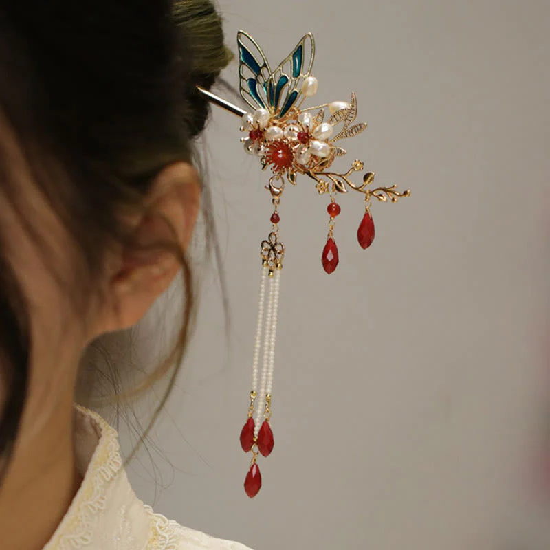 Fermaglio per capelli con perle a forma di Buddha Stones , stile cinese classico, con fiori e coroncina - Image 11