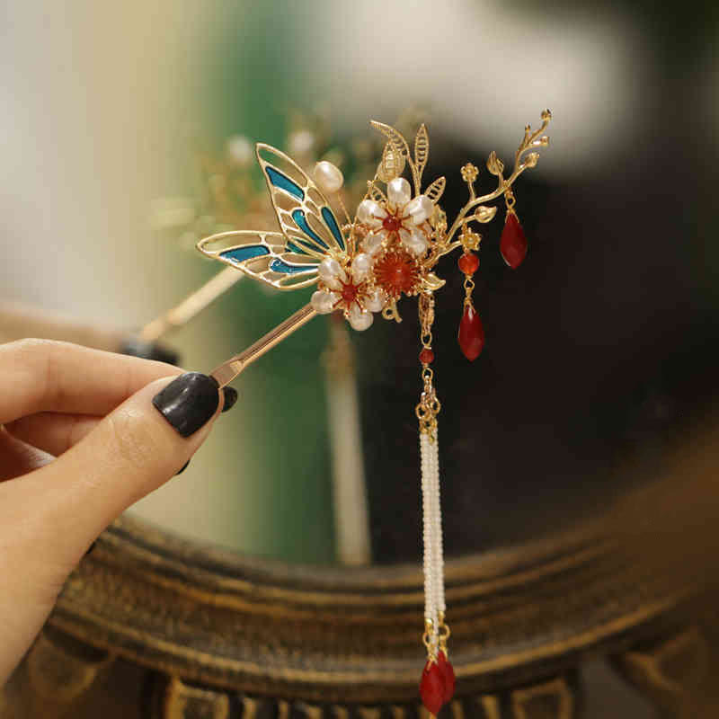 Fermaglio per capelli con perle a forma di Buddha Stones , stile cinese classico, con fiori e coroncina - Image 14