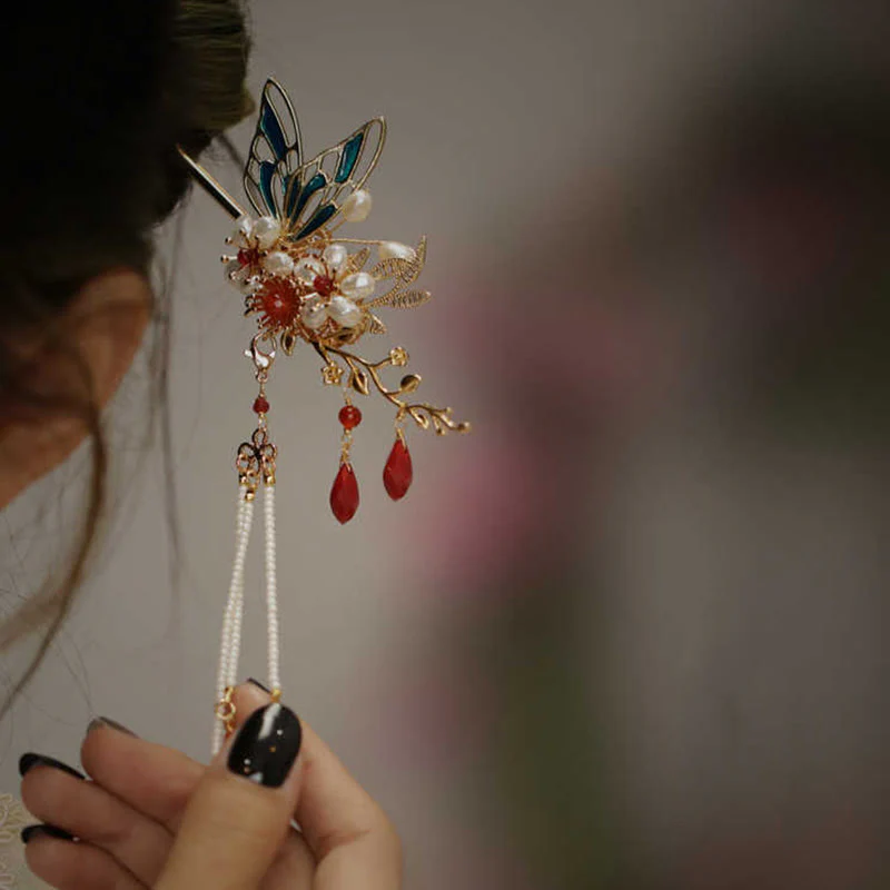 Fermaglio per capelli con perle a forma di Buddha Stones , stile cinese classico, con fiori e coroncina - Image 16