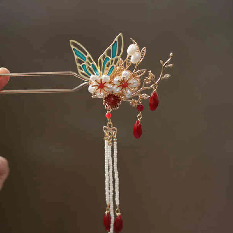 Fermaglio per capelli con perle a forma di Buddha Stones , stile cinese classico, con fiori e coroncina - Image 17