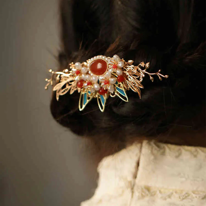 Fermaglio per capelli con perle a forma di Buddha Stones , stile cinese classico, con fiori e coroncina - Image 18