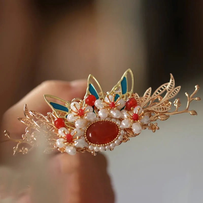 Fermaglio per capelli con perle a forma di Buddha Stones , stile cinese classico, con fiori e coroncina - Image 19