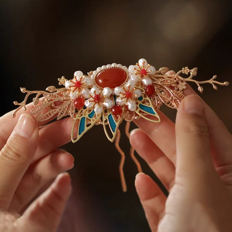 Fermaglio per capelli con perle a forma di Buddha Stones , stile cinese classico, con fiori e coroncina - Image 20