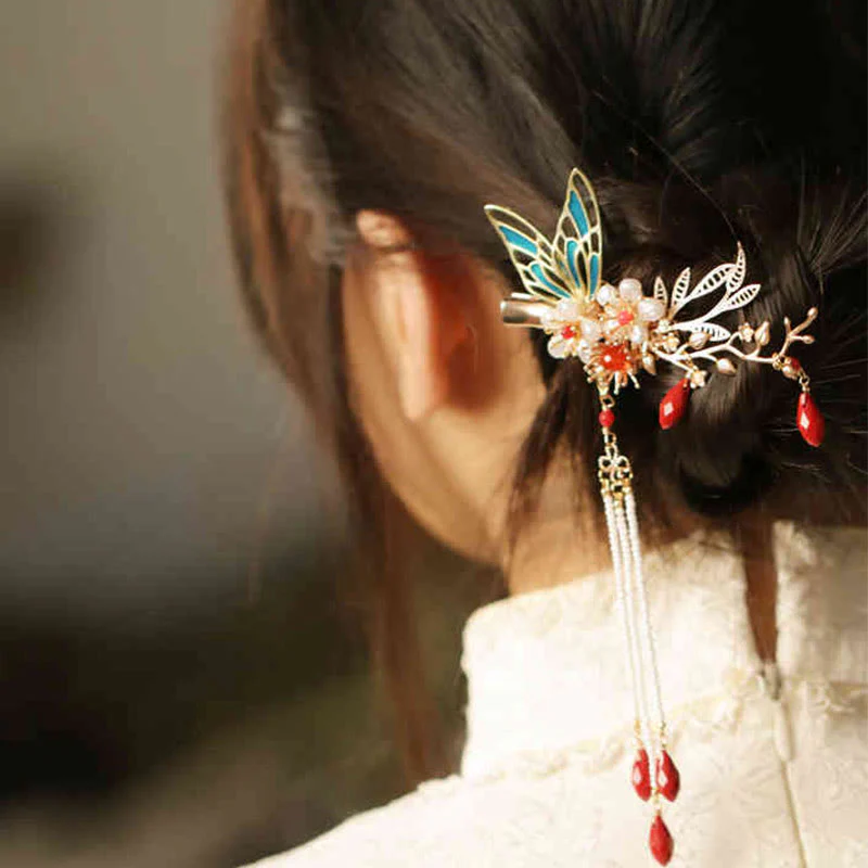 Fermaglio per capelli con perle a forma di Buddha Stones , stile cinese classico, con fiori e coroncina - Image 21