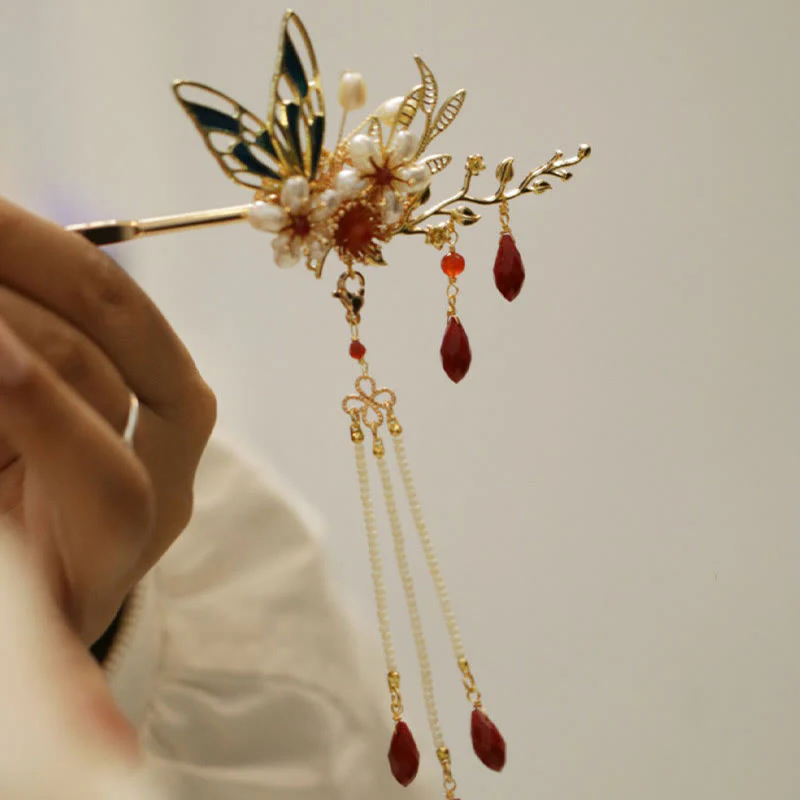 Fermaglio per capelli con perle a forma di Buddha Stones , stile cinese classico, con fiori e coroncina - Image 4