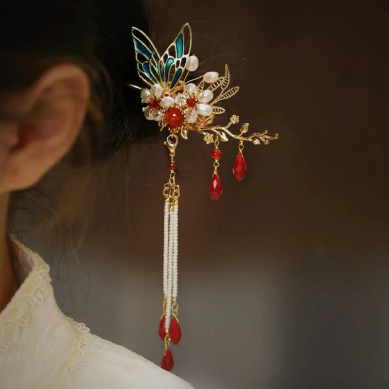 Fermaglio per capelli con perle a forma di Buddha Stones , stile cinese classico, con fiori e coroncina - Image 5