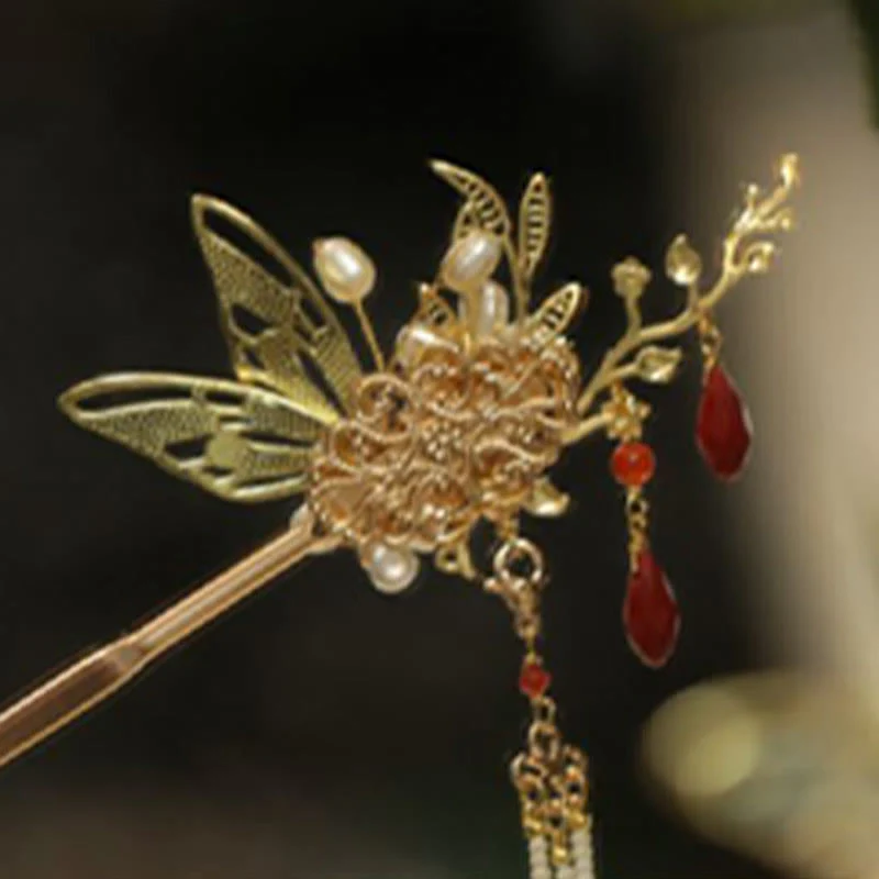 Fermaglio per capelli con perle a forma di Buddha Stones , stile cinese classico, con fiori e coroncina - Image 7