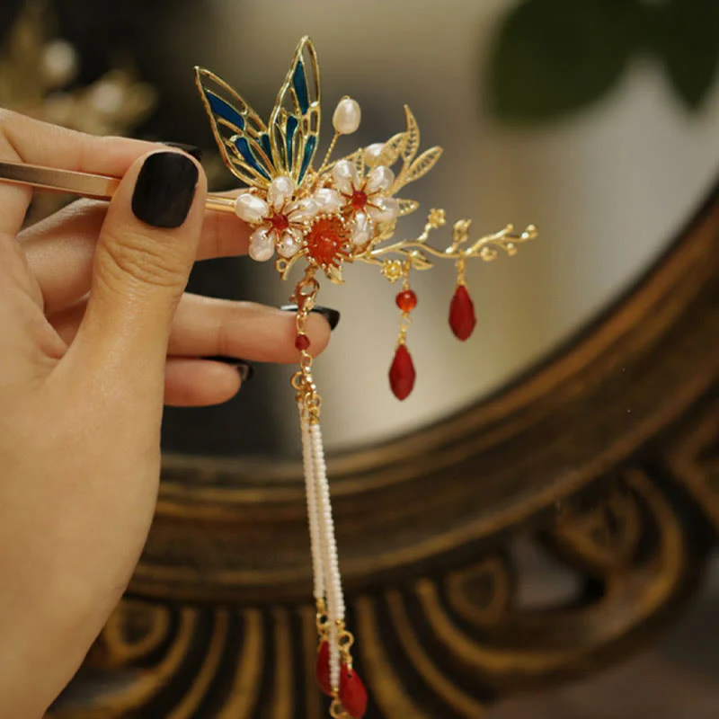 Fermaglio per capelli con perle a forma di Buddha Stones , stile cinese classico, con fiori e coroncina - Image 9