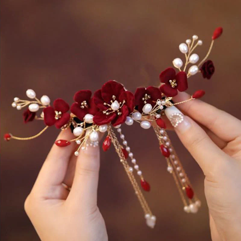 Fermaglio per capelli con rosa rossa da sposa cinese orientale da sposa Buddha Stones - Image 2