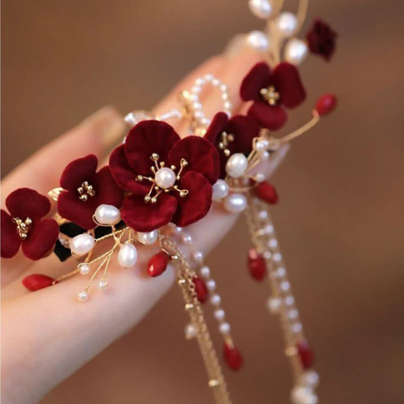 Fermaglio per capelli con rosa rossa da sposa cinese orientale da sposa Buddha Stones - Image 3