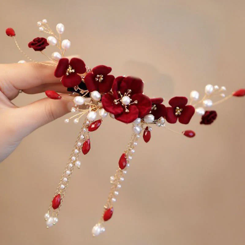 Fermaglio per capelli con rosa rossa da sposa cinese orientale da sposa Buddha Stones - Image 4