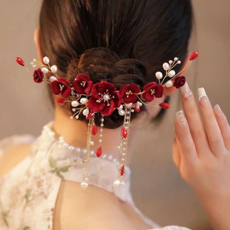 Fermaglio per capelli con rosa rossa da sposa cinese orientale da sposa Buddha Stones - Image 5
