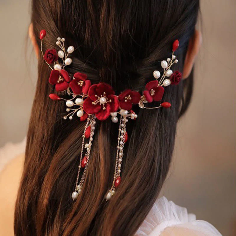 Fermaglio per capelli con rosa rossa da sposa cinese orientale da sposa Buddha Stones - Image 6