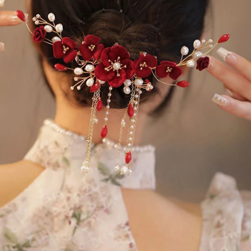 Fermaglio per capelli con rosa rossa da sposa cinese orientale da sposa Buddha Stones - Image 7
