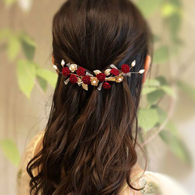 Fermaglio per capelli con rosa rossa da sposa cinese orientale da sposa Buddha Stones - Image 8