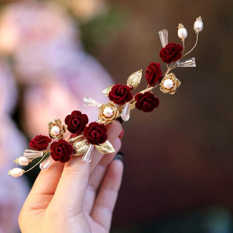 Fermaglio per capelli con rosa rossa da sposa cinese orientale da sposa Buddha Stones - Image 9