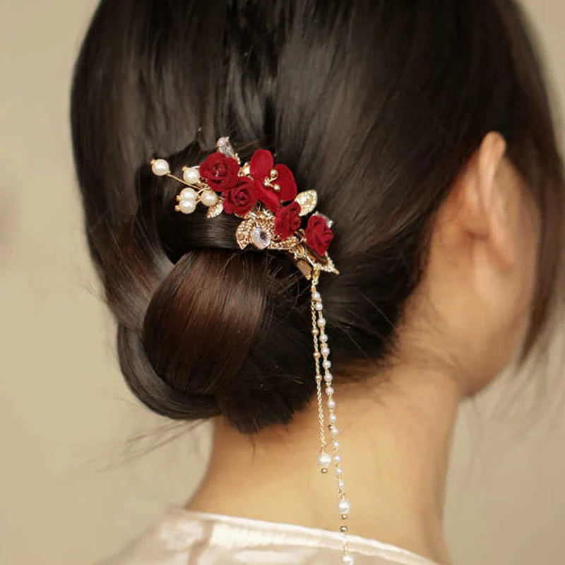 Fermaglio per capelli laterale con nappa di fiori di camelia rossa in stile cinese retrò Buddha Stones - Image 3