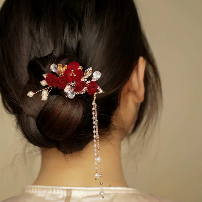 Fermaglio per capelli laterale con nappa di fiori di camelia rossa in stile cinese retrò Buddha Stones - Image 4