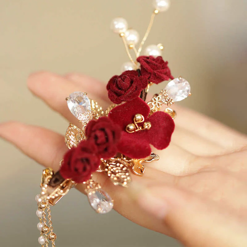 Fermaglio per capelli laterale con nappa di fiori di camelia rossa in stile cinese retrò Buddha Stones - Image 9