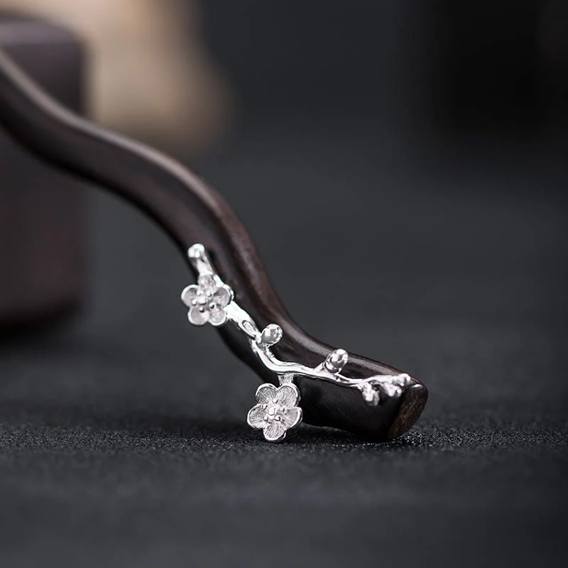 Forcina per capelli con fiore di prugna in ebano, stile cinese classico, in argento sterling 925, Buddha Stones