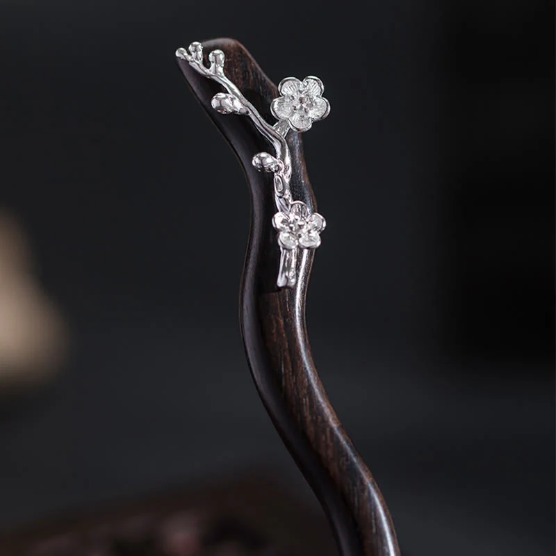 Forcina per capelli con fiore di prugna in ebano, stile cinese classico, in argento sterling 925, Buddha Stones - Image 10