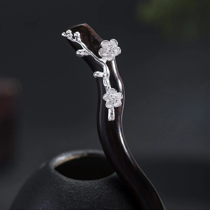 Forcina per capelli con fiore di prugna in ebano, stile cinese classico, in argento sterling 925, Buddha Stones - Image 2