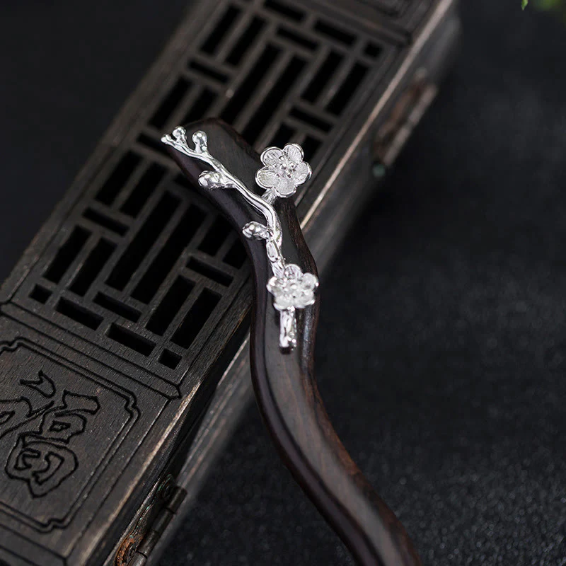 Forcina per capelli con fiore di prugna in ebano, stile cinese classico, in argento sterling 925, Buddha Stones - Image 3