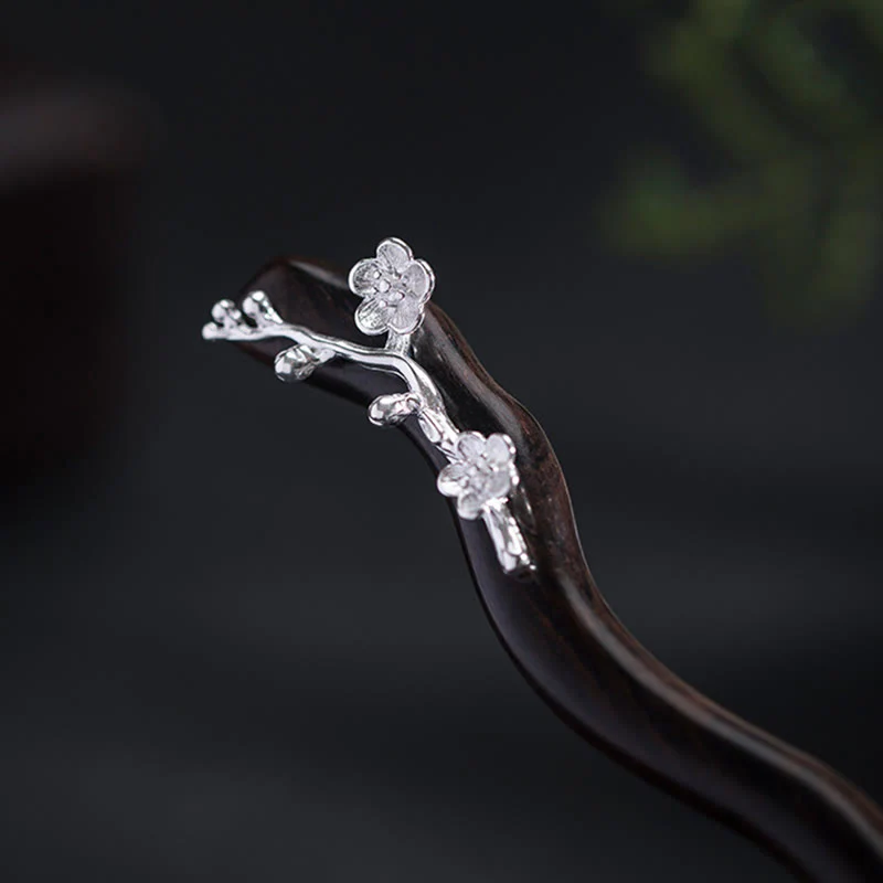 Forcina per capelli con fiore di prugna in ebano, stile cinese classico, in argento sterling 925, Buddha Stones - Image 5