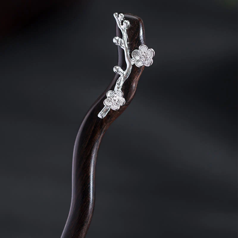 Forcina per capelli con fiore di prugna in ebano, stile cinese classico, in argento sterling 925, Buddha Stones - Image 9