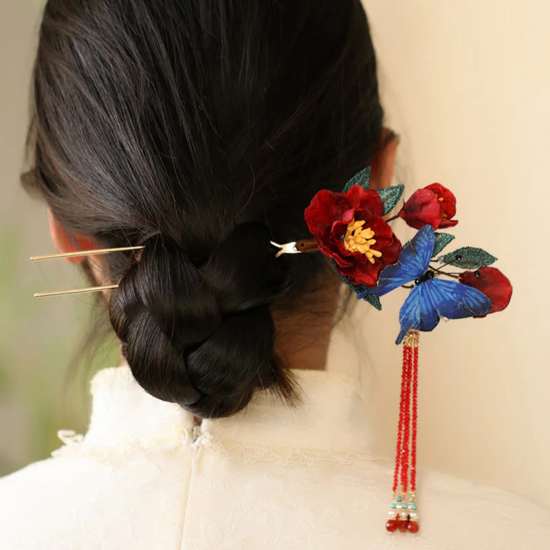 Forcina per capelli con fiore rosso e farfalla blu in stile cinese classico Buddha Stones - Image 4