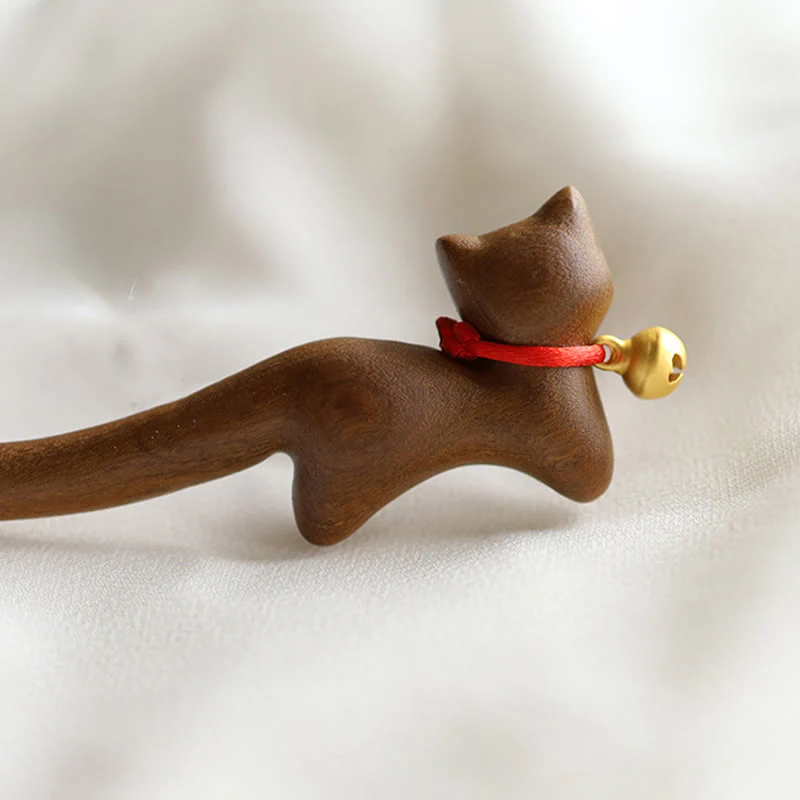 Forcina per capelli in legno di sandalo a forma di gatto in stile cinese classico Buddha Stones