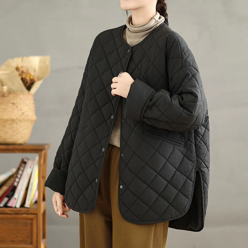 Giacca a maniche lunghe trapuntata a rombi in cotone termico con bottoni e tasche da donna Buddha Stones - Image 21