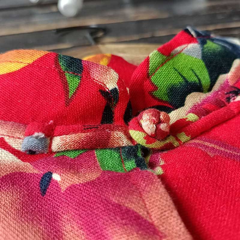 Giacca camicia a maniche lunghe in lino di cotone con bottoni a rana, etnica, con fiori rossi, peonia e tasche , Buddha Stones - Image 10