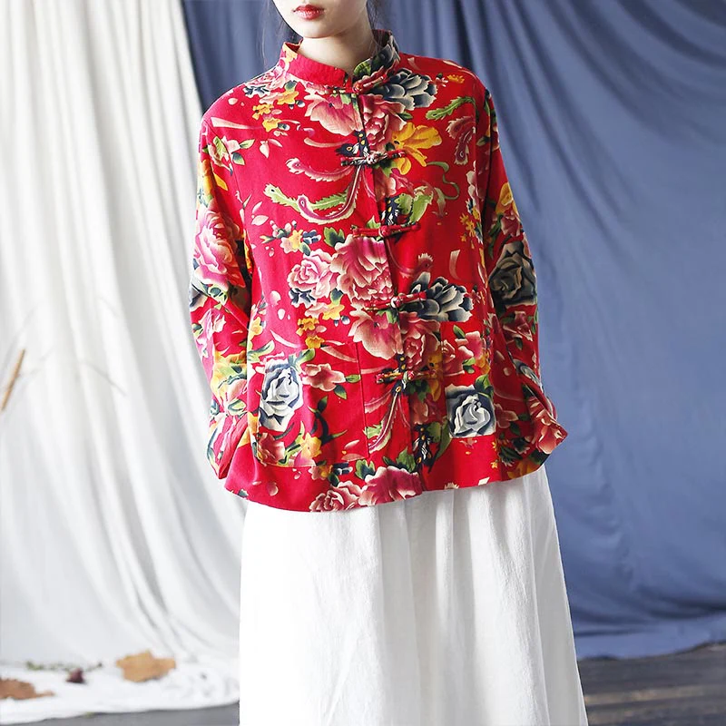 Giacca camicia a maniche lunghe in lino di cotone con bottoni a rana, etnica, con fiori rossi, peonia e tasche , Buddha Stones - Image 16