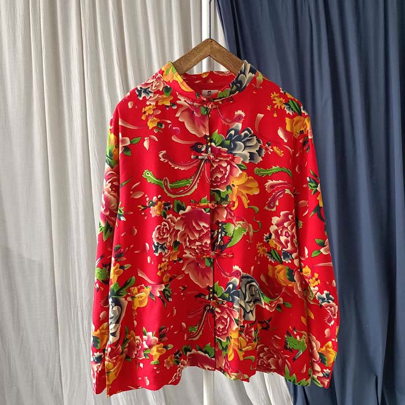 Giacca camicia a maniche lunghe in lino di cotone con bottoni a rana, etnica, con fiori rossi, peonia e tasche , Buddha Stones - Image 17