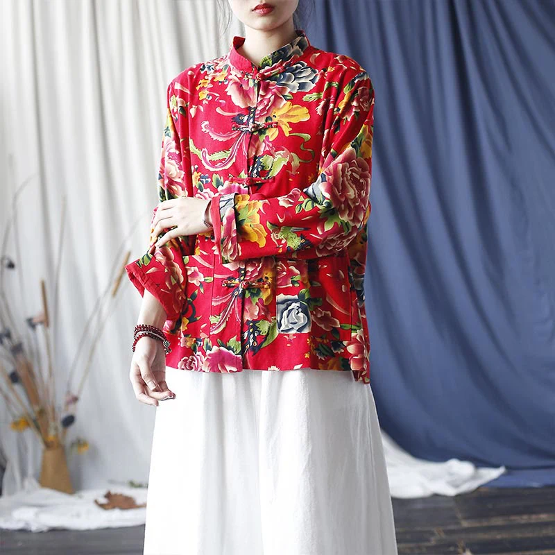 Giacca camicia a maniche lunghe in lino di cotone con bottoni a rana, etnica, con fiori rossi, peonia e tasche , Buddha Stones - Image 18
