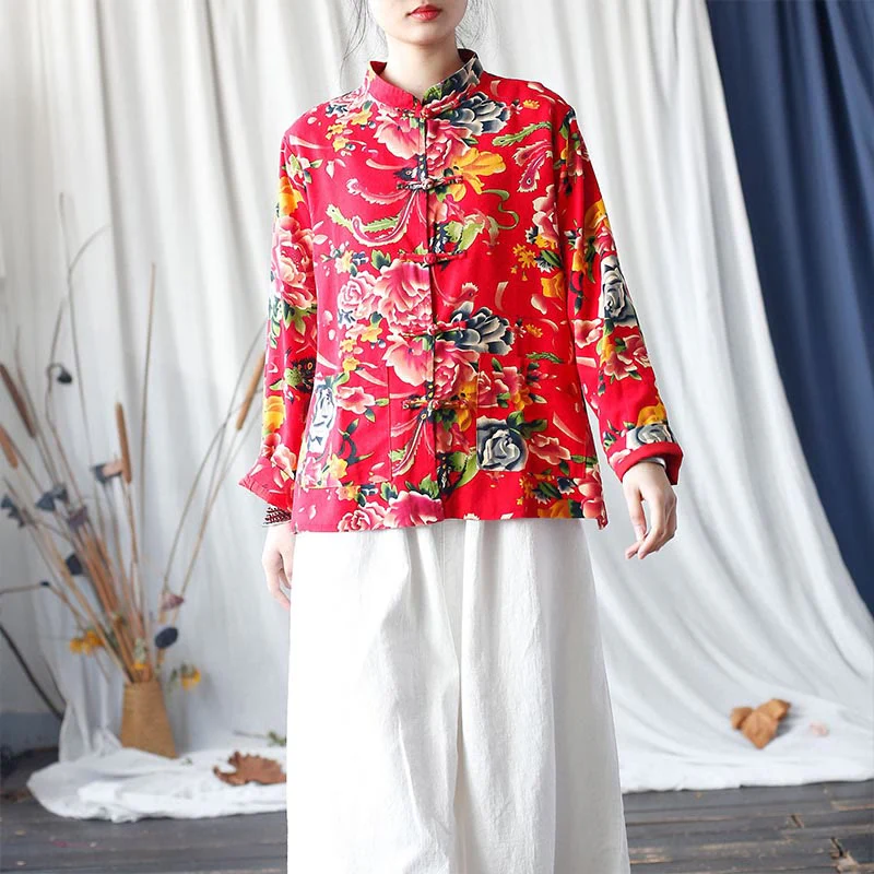 Giacca camicia a maniche lunghe in lino di cotone con bottoni a rana, etnica, con fiori rossi, peonia e tasche , Buddha Stones - Image 19