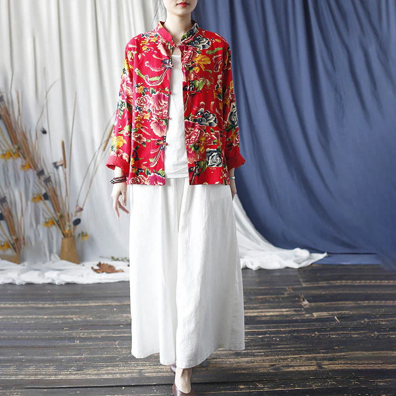 Giacca camicia a maniche lunghe in lino di cotone con bottoni a rana, etnica, con fiori rossi, peonia e tasche , Buddha Stones - Image 20